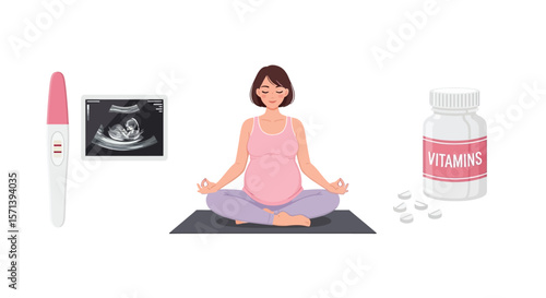 Pregnancy test positive, prenatal yoga, vitamins and ultrasound scan image