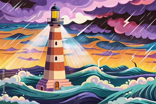 Stormy sea vector, lighthouse beam in rain, moody nautical scene, ocean waves, maritime illustration, night storm, coastal safety, dark weather, navigation light, dramatic seascape