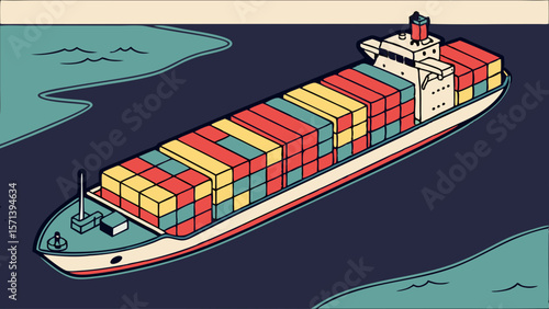 A cargo ship, laden with shipping containers, sailing across the ocean.