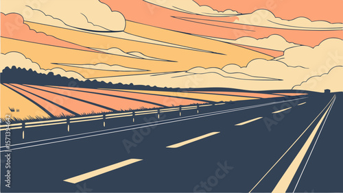 Illustration of a highway stretching into the distance under a vibrant sunset sky with fields and trees on the side.