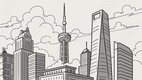 A detailed illustration of a cityscape featuring various skyscrapers under a cloudy sky.