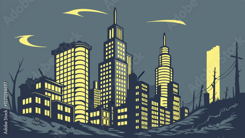 Stylized cityscape illustration featuring illuminated skyscrapers under a twilight sky.