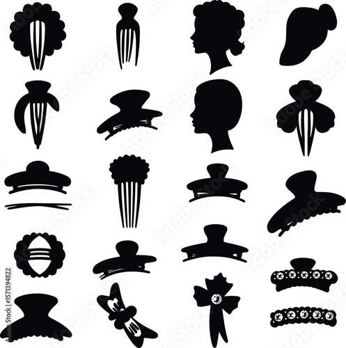 Hair Clips and Accessories Silhouette Vector Icon Set. Fashionable Hairpins, Claws, & Barrettes for Beauty, Style, and Hair Care Designs.