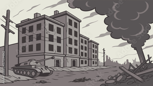 War-torn city street, with a tank and destroyed buildings, smoke billowing.