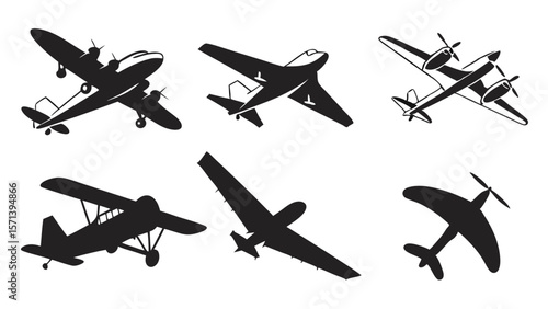 Collection of vintage airplane silhouettes, showcasing various designs and perspectives.