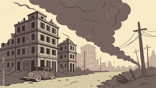 Post-apocalyptic cityscape; smoke billows over ruined buildings and a lone vintage car sits amidst the debris.