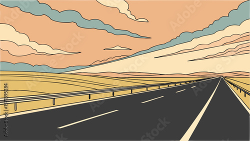 An illustration of a long, straight highway stretching into the distance under a cloudy sky.
