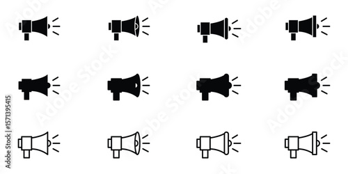 Megaphone icon. Loudspeaker vector set. Announcement sign. Marketing megaphone sign. Speaker volume icon with sound waves. Sound off and sound on vector icons. Sound speaker icon in black outline. 