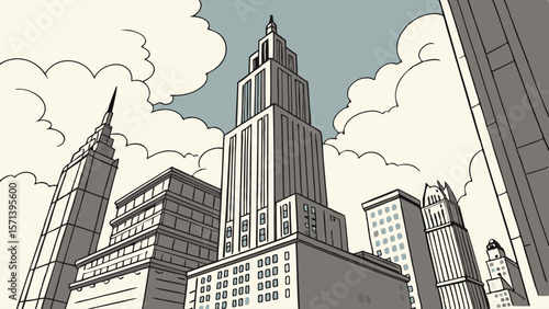 Cartoon cityscape featuring tall buildings and skyscrapers against a cloudy sky.