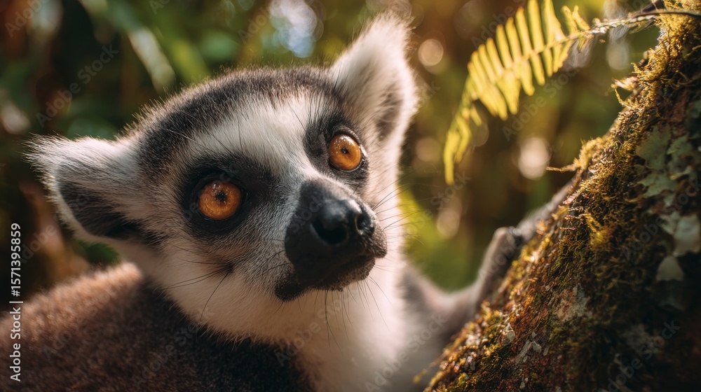 Obraz premium Сlose-up of a curious ring-tailed lemur on a mossy tree branch in a tropical forest
