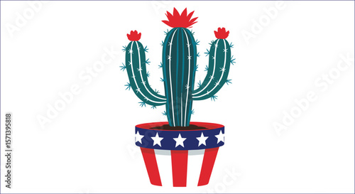 Patriotic Cactus In Pot With Stars And Stripes Illustration