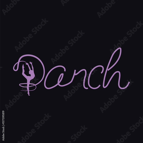 Elegant Dance Logo Design Featuring a Rhythmic Gymnast Silhouette and Flowing Script Text on Dark Background with Delicate Artistic Touch