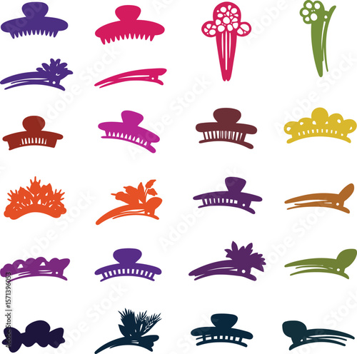 Hair Clips and Accessories Silhouette Vector Icon Set. Fashionable Hairpins, Claws, & Barrettes for Beauty, Style, and Hair Care Designs.