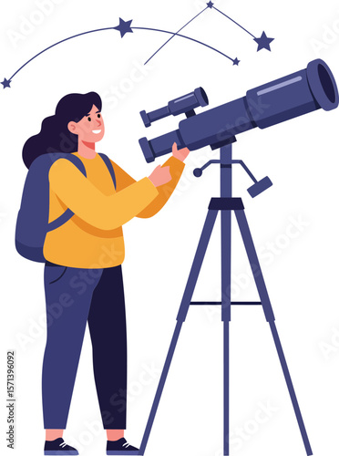 Woman observing stars through telescope astronomy hobby night sky exploration with backpack