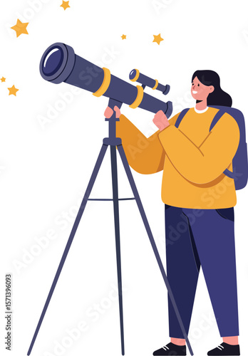 Woman observing stars through telescope outdoors stargazing hobby night sky exploration