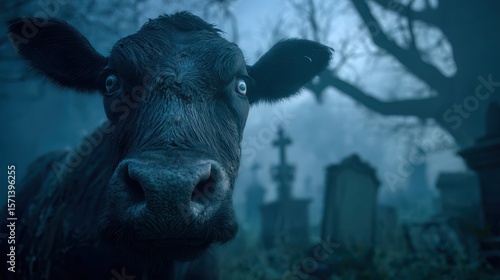 Spooky close-up of glowing-eyed cow in foggy graveyard at night