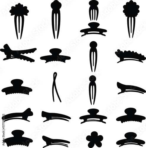 Hair Clips and Accessories Silhouette Vector Icon Set. Fashionable Hairpins, Claws, & Barrettes for Beauty, Style, and Hair Care Designs.