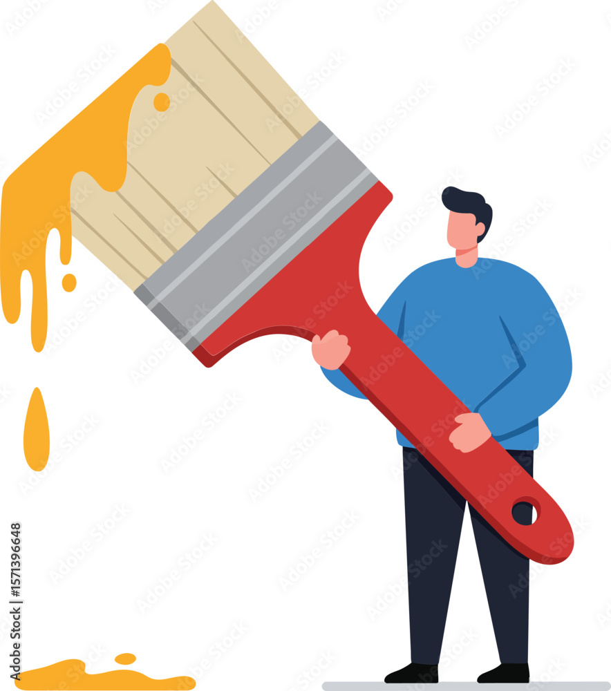 Obraz premium Man holding large paintbrush dripping orange paint in minimalistic style digital illustration
