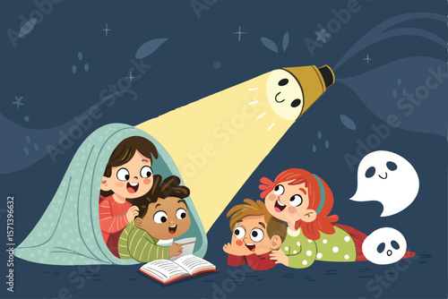 Vector illustration Children, diverse ethnicity, around campfire, flashlight, spooky forest, telling ghost stories, nighttime.