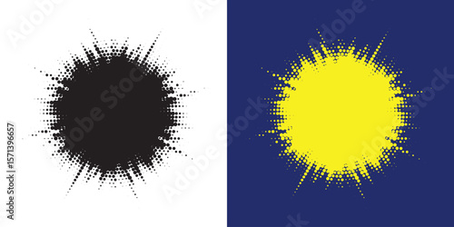 Set of black halftone grunge circle. Vector modern dots halftone arts. Halftone circle frame background set. Round border Icon using halftone random circle. Grunge circular stain. Vector illustration.