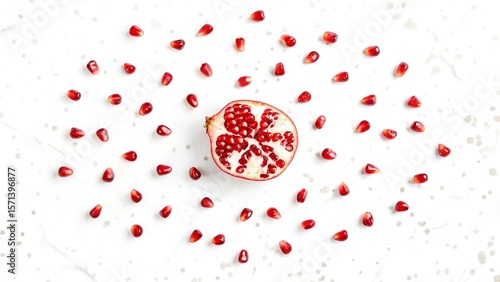 Pomegranate Seeds Arranged Artistically on White Background