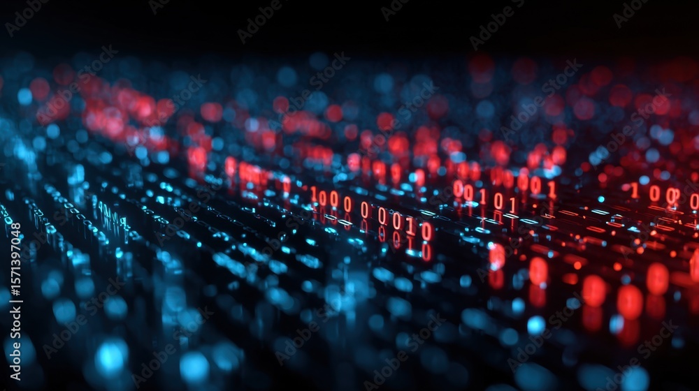 Fototapeta premium A close-up digital visualization of binary code illuminated with blue and red glowing lights on a dark background, symbolizing data and technology.