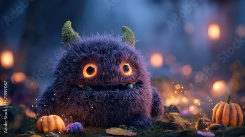 Adorable fluffy monster with glowing eyes and tiny horns sitting among mini pumpkins at night