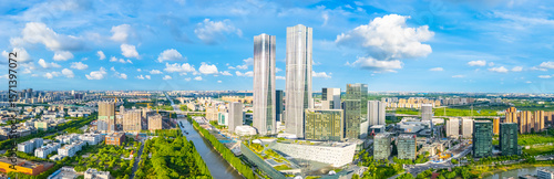 Panoramic aerial view of Shanghai Zhangjiang Hi Tech Development Zone on sunny day.