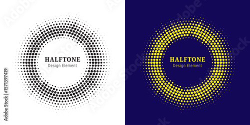 Set of black halftone grunge circle. Vector modern dots halftone arts. Halftone circle frame background set. Round border Icon using halftone random circle. Grunge circular stain. Vector illustration.