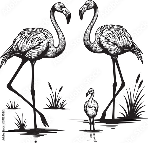 Flamingo family with baby and reeds hand drawn illustration  