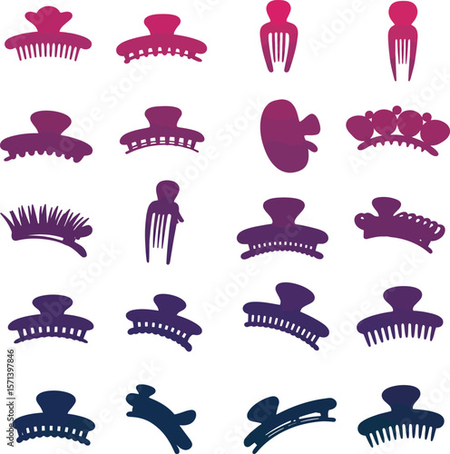 Hair Clips and Accessories Silhouette Vector Icon Set. Fashionable Hairpins, Claws, & Barrettes for Beauty, Style, and Hair Care Designs.