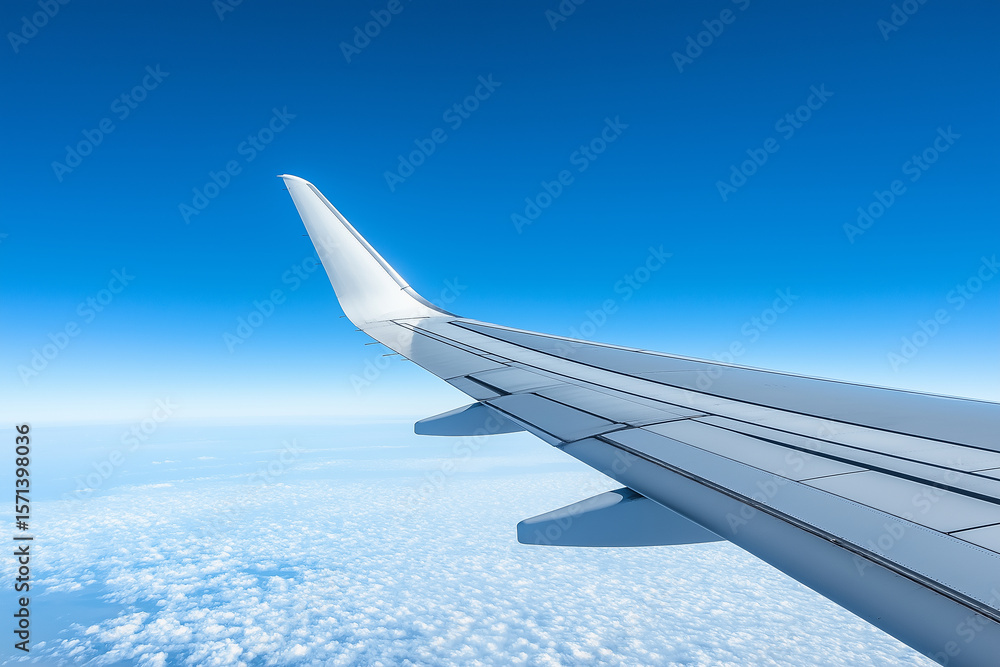 Fototapeta premium Airplane wing soaring above fluffy clouds against a clear blue sky aircraft flight