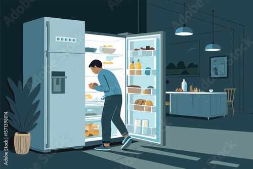 Vector illustration, lo-fi aesthetic, open refrigerator, cooking, kitchen, food prep, vegetables, snacks.