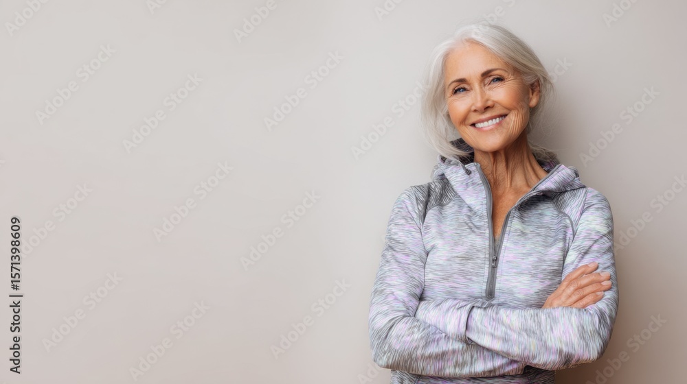 Fototapeta premium A smiling senior woman with gray hair wearing a light athletic jacket stands confidently with arms crossed against a plain background.