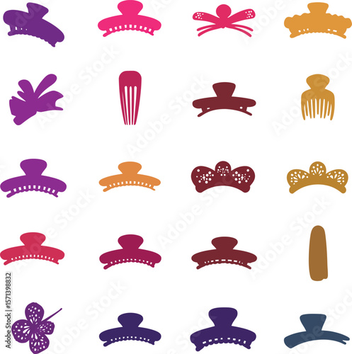 Hair Clips and Accessories Silhouette Vector Icon Set. Fashionable Hairpins, Claws, & Barrettes for Beauty, Style, and Hair Care Designs.