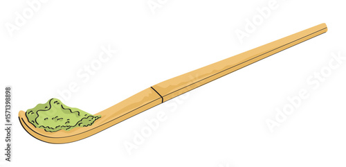 Hand drawn bamboo chashaku with matcha powder isolated on white background