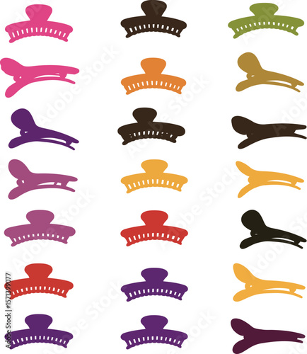 Hair Clips and Accessories Silhouette Vector Icon Set. Fashionable Hairpins, Claws, & Barrettes for Beauty, Style, and Hair Care Designs.