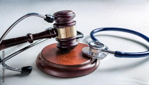 close up of a wooden gavel and stethoscope on a white surface symbolizing medical law ethics and healthcare regulations in legal practice