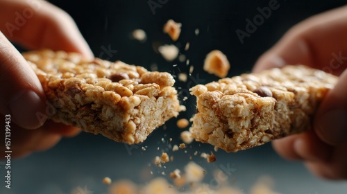 Breaking granola bar with oats and nuts in hands.