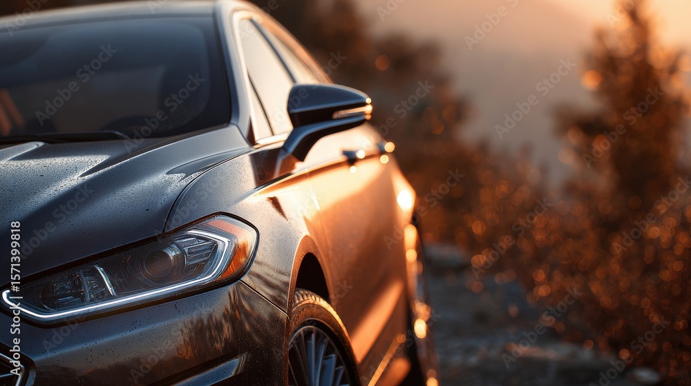 Fototapeta premium Close-up of sleek car parked on scenic mountain road at golden hour with glossy paint and chrome accents, warm sunlight, and soft bokeh in the background