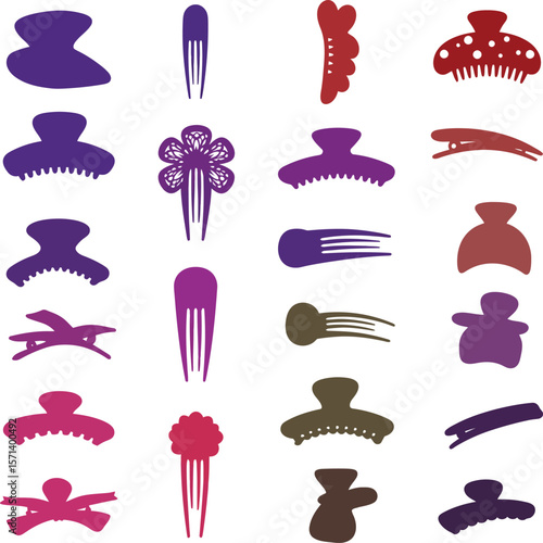 Hair Clips and Accessories Silhouette Vector Icon Set. Fashionable Hairpins, Claws, & Barrettes for Beauty, Style, and Hair Care Designs.