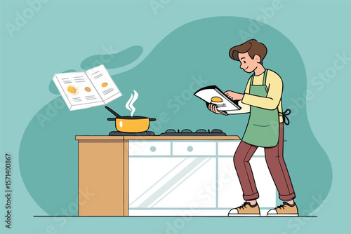 A vector lo-fi boy, cartoon style, frying eggs, reading comic, morning routine, hipster vibes, kitchen scene.