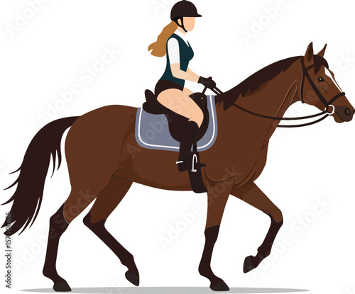 Woman riding brown horse with black mane and tail in equestrian gear on white background