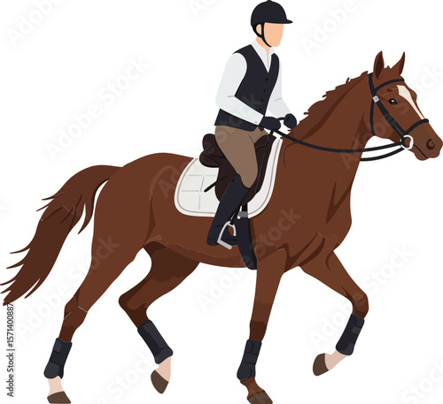 Equestrian rider on galloping brown horse with full riding gear and helmet in active motion