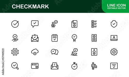 Checkmark Modern Line Icon Pack. Minimal, clean, and professional outline symbols perfect for verification, tasks, and approval-related themes.
