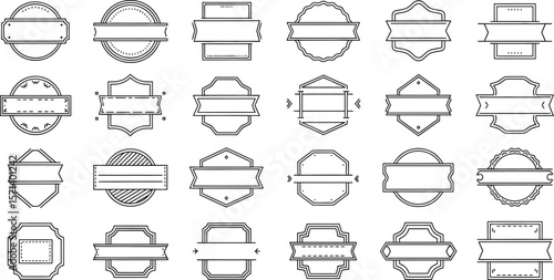 A collection of twenty four outlined badge templates on white background