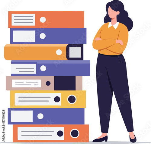 Woman standing with crossed arms next to tall stack of office folders and files in organized workspace