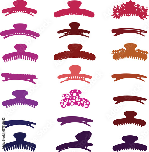 Hair Clips and Accessories Silhouette Vector Icon Set. Fashionable Hairpins, Claws, & Barrettes for Beauty, Style, and Hair Care Designs.