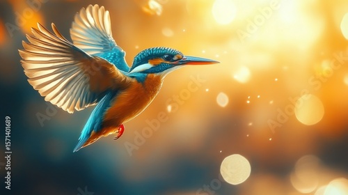 Flying kingfisher in vibrant sunset colors
