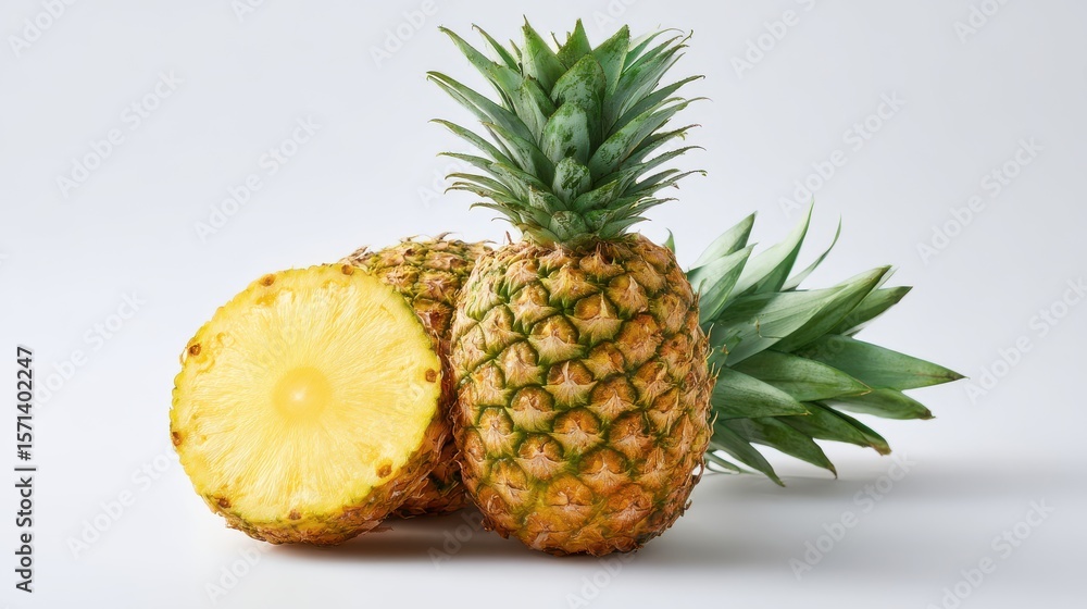 Fresh whole pineapple with spiky green crown and sliced ring showing juicy yellow flesh on pure white seamless studio background Fresh whole pineapple with spiky green crown and sliced ring showing juicy yellow flesh on pure white seamless studio background